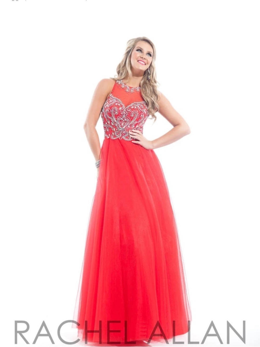Rachel Allan Red Beaded Pageant Prom Gown Dress Formal Tulle (Sz Large)